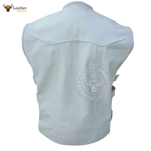 Mens White Leather Vest Biker Rider Motorbike Motorcycle Waistcoat Club SWAT Vest