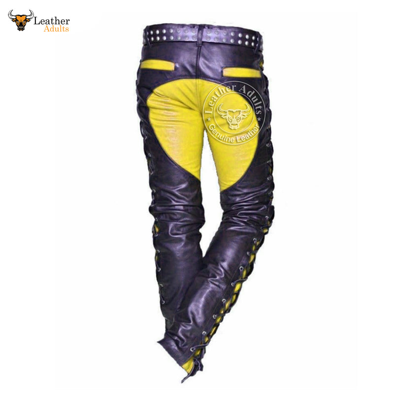 Mens Real Leather Bikers Pants Side and Front Laces Up Yellow Contrast Leather Trousers