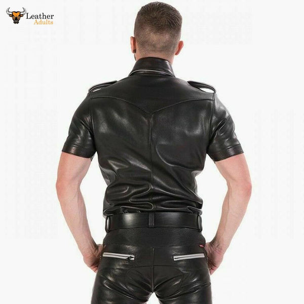 MENS REAL COWHIDE LEATHER Black Police Military Style Shirt BLUF ALL SIZE Shirt