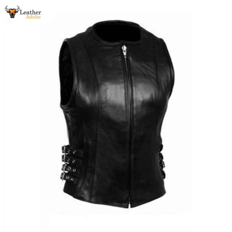 Ladies Soft Black Real Lambskin Leather Bikers 4 Side waist buckles Waistcoat Vest W6