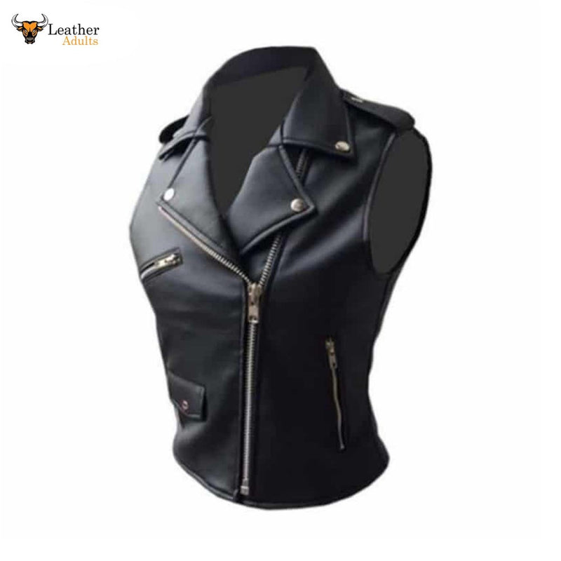 Ladies Soft Black Leather Brando Style Bikers Waistcoat Vest BRANDO LADIES