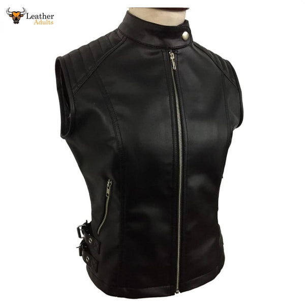 Sexy Women's Ladies Real BLACK SHEEP LAMB Leather Bikers Waistcoat Vest W12