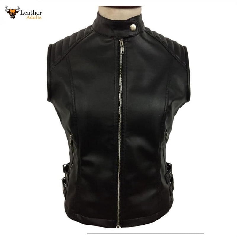Sexy Women's Ladies Real BLACK SHEEP LAMB Leather Bikers Waistcoat Vest W12