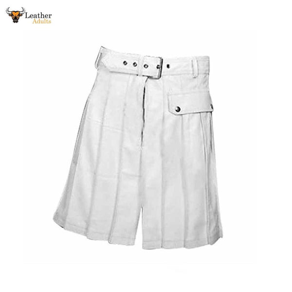 Mens WHITE Cowhide Leather Gladiator Pleated Kilt – K5 – WHT