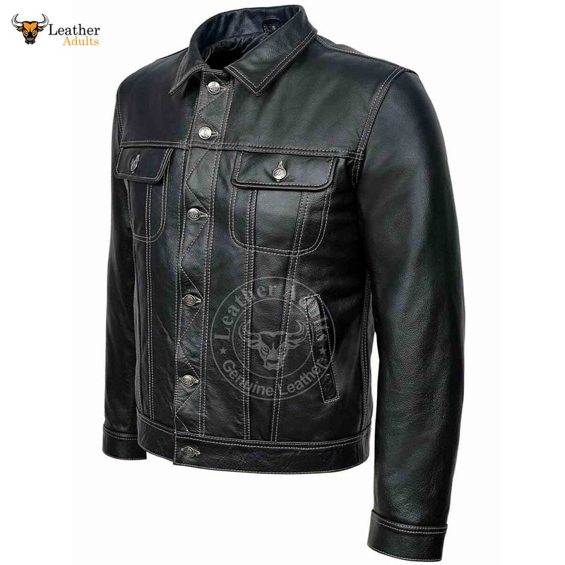 Men TRUCKER Jacket Classic Black 100% REAL Cowhide Leather Classic Style 1280