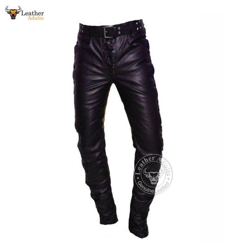 Mens Real Leather Bikers Pants Side and Front Laces Up Yellow Contrast Leather Trousers