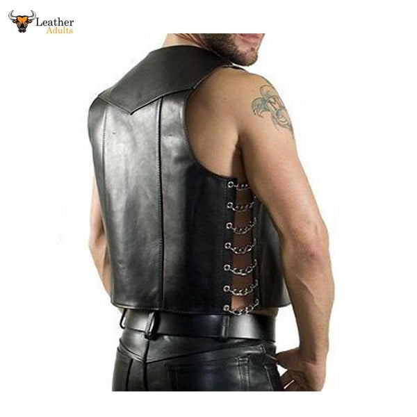 Mens Superb Quality Cows Leather Side Chain Biker Style Waistcoat Vest