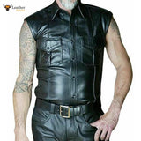 Men's Real Cowhide Leather Police Uniform Short Sleeve Shirt IN 3 COLORS Piping