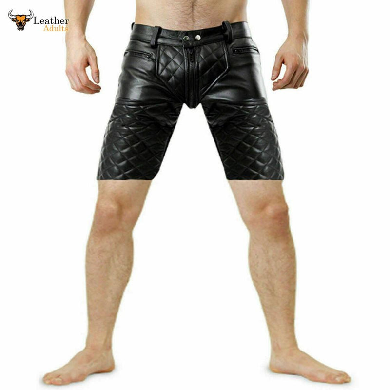 Mens Real Cow Leather Black Shorts with Full Front to Rear Zip Clubwear Leisure