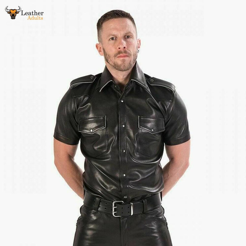 MENS REAL COWHIDE LEATHER Black Police Military Style Shirt BLUF ALL S ...