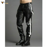 Men's Real Leather Pants Biker Bluf Side Stripes Breeches Trousers Lederhosen