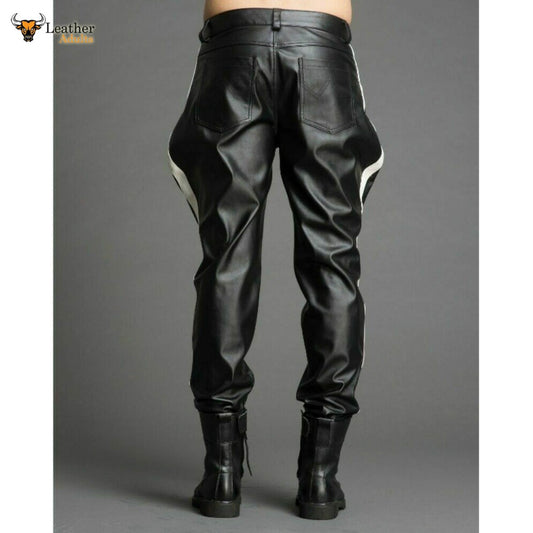 Men's Real Leather Pants Biker Bluf Side Stripes Breeches Trousers Lederhosen