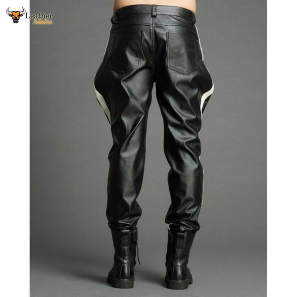 Men's Real Leather Pants Biker Bluf Side Stripes Breeches Trousers Lederhosen
