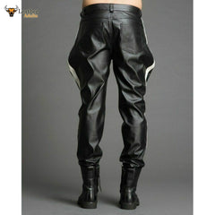Men's Real Leather Pants Biker Bluf Side Stripes Breeches Trousers Lederhosen